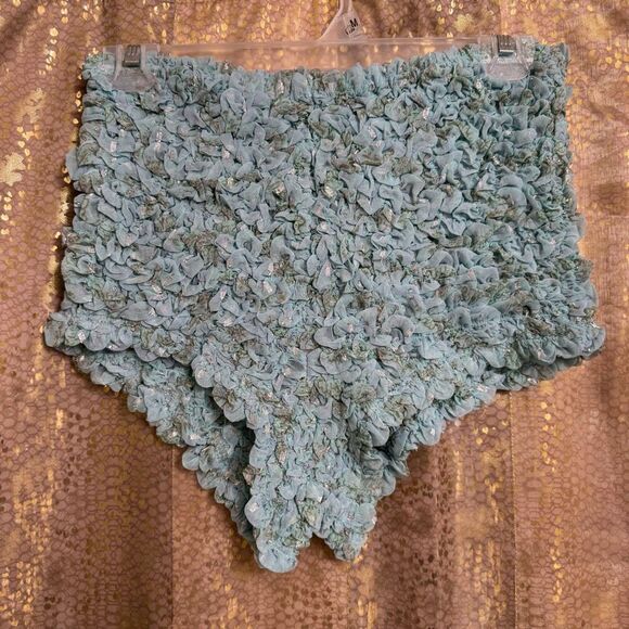 Free People Scrunch It Up Micro Booty Shorts Chambray Combo Blue Silver Small NW - Picture 1 of 11
